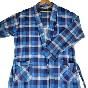 Vtg Montgomery Ward Robe Mens Medium Cotton Flannel Plaid White Blue Grandpacore